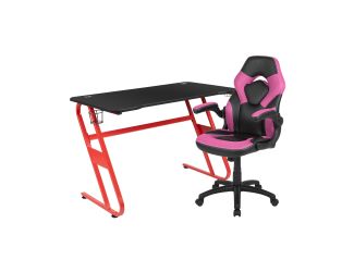 Red Gaming Desk and Pink/Black X10 Series Gaming Chair Set