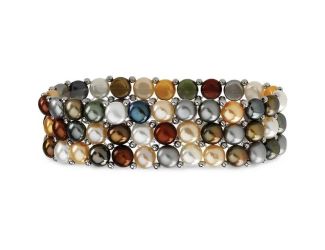 Sterling Silver Freshwater Cultured Multi-Colored Pearl 3 Row Stretch Bracelet