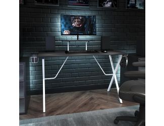 Black/White Gaming Desk - Cup Holder, Headphone Hook, Monitor/Smartphone Stand