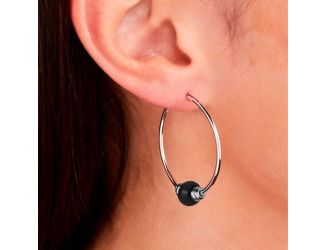 Single Onyx Large Two-Tone Hoop 1 3/8" Dia. Rhodium hoops, gold tips around the Onyx.Made in America