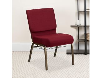 21"W Church Chair in Burgundy Fabric with Cup Book Rack - Gold Vein Frame