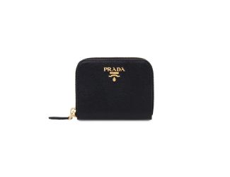 Prada Black Saffiano Leather Gold Zip Coin Purse Wallet