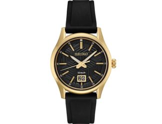 Seiko Essentials SGP Analog Black Textured Dial, Gold bezel, Black silicone strap