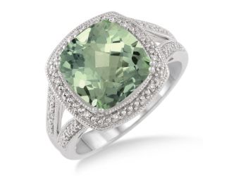 Green Amethyst & Diamond Ring Size 6