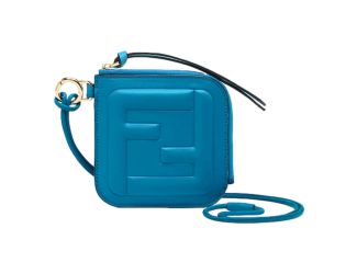Fendi FF Cube Embossed Small Zip Wallet Mare Blue Leather with Strap