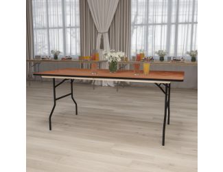 6-Foot Rectangular Wood Folding Banquet Table with Clear Coated Finished Top
