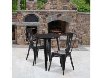 24" Round Black Metal Indoor-Outdoor Table Set with 2 Cafe Chairs - Patio Set