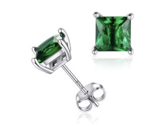 Sterling Silver Green Square Studs