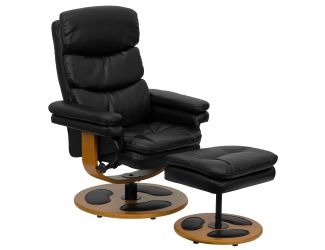 Contemporary Multi-Position Recliner &Ottoman w/Wood Base in Black LeatherSoft