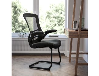 Black Mesh Sled Base Side Reception Chair with LeatherSoft Seat and Flip-Up Arms