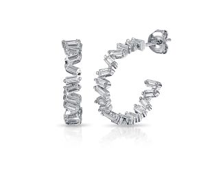PARIKHS Rhodium Plated Semi Hoop CZ Baguette Earring in 925 Sterling Silver