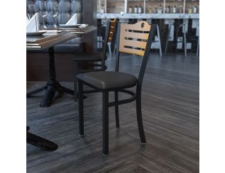 Black Slat Back Metal Restaurant Chair - Natural Wood Back, Black Vinyl Seat