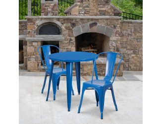 30" Round Blue Metal Indoor-Outdoor Table Set with 2 Cafe Chairs