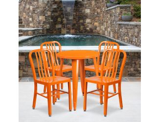 24" Round Orange Metal Indoor-Outdoor Table Set w/4 Vertical Slat Back Chairs
