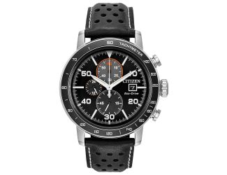 Men's Brycen Eco-Drive Watch, SS with Black Bezel and Black Leather Strap