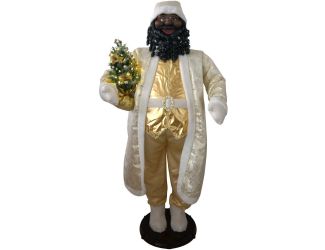 58-In. African American Dancing Santa in Gold Coat w/ Prelit Christmas Tree, Life-Size Motion-Activa