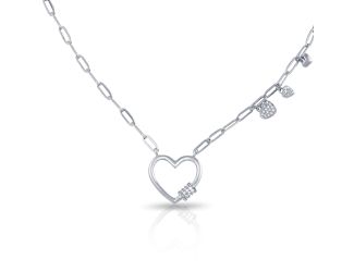 PARIKHS Rhodium Plated Heart CZ Paperclip Necklace in 925 Sterling Silver