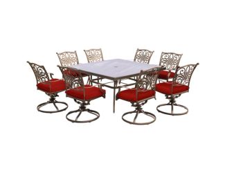 Traditions 9-Piece Dining Set in Red with a 60 In. Square Glass-Top Dining Table
