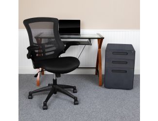 3PC Office Set-Glass Computer Desk, Ergonomic Mesh Office Chair, Filing Cabinet
