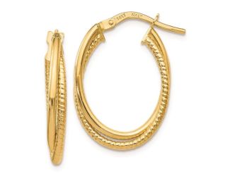 14K Gold Polished Textured Oval Hoop Earrings
