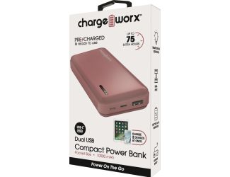 Chargeworx 10000mAh Dual USB Slim Power Bank, Ash Rose
