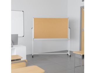 45.25"W x 54.75"H Reversible Mobile Cork Bulletin & White Board with Pen Tray