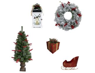 Tartan Christmas 5-Piece Decorating Kit: Frosted Wreath, Lightly Frosted Tree, Pre-Lit Lantern, Slei