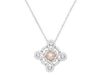 PARIKHS Rhodium Plated CZ Encrusted Outline Cross with Water Pearl Necklace in 925 Sterling Silver