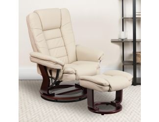 Beige LeatherSoft Multi-Position Recliner &Ottoman w/Swivel Mahogany Wood Base