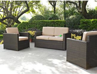 Palm Harbor 3 Piece Outdoor Wicker Seating Set With Sand Cushions - Loveseat & Two Outdoor Chairs