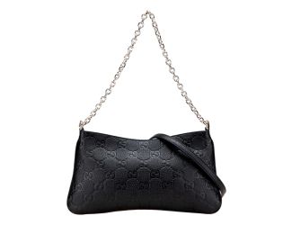 Gucci GG Emblem Black Leather Shoulder Bag Chain Strap