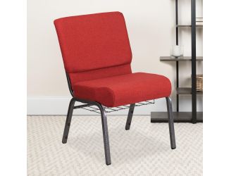 21"W Church Chair in Crimson Fabric with Cup Book Rack - Silver Vein Frame