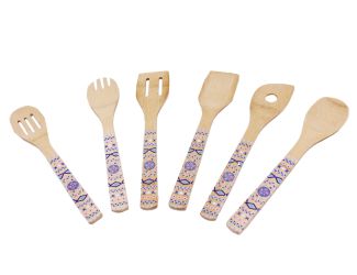 Patterned Bamboo 6pc Utensil Set, blue/orange