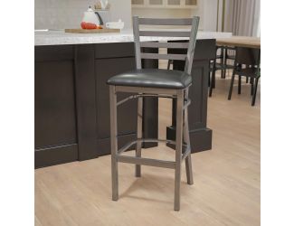 Clear Coated Ladder Back Metal Restaurant Barstool - Black Vinyl Seat