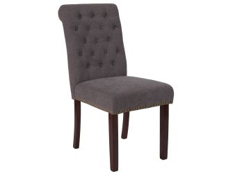 Dk Gray Fabric Parsons Chair with Rolled Back, Accent Nail Trim & Walnut Finish