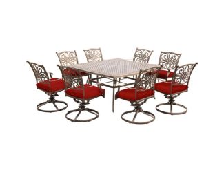 Traditions 9-Piece Dining Set in Red with Eight Swivel Rockers and a Large 60 In. Cast-top Square Ta