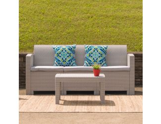 Light Gray Faux Rattan Coffee Table - Outdoor Accent Table - Patio Furniture