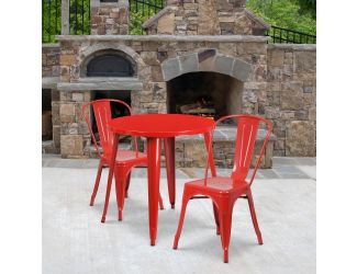 30" Round Red Metal Indoor-Outdoor Table Set with 2 Cafe Chairs