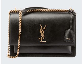 Sunset Medium Chain Bag in Smooth Leather with Gold Tone Trim - (Black)