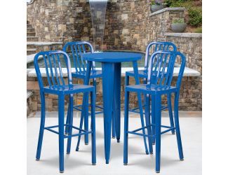 24" Round Blue Metal Indoor-Outdoor Bar Table Set with 4 Slat Back Stools