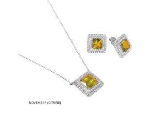 PARIKHS Rhodium Plated Square Citrine and CZ Cluster November Birthstone Set in 925 Sterling Silver