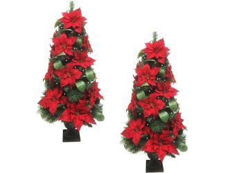 4-Ft. Pre Lit Christmas Porch Tree, Velvet Poinsettia Blooms & Leaf Accents, Set of 2