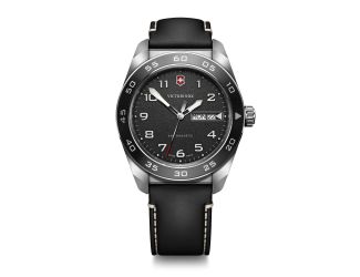 Mens Swiss Army Quartz Silver & Black Leather Strap Watch Black Dial