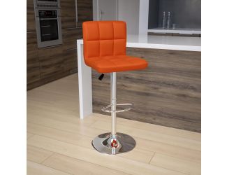 Contemporary Orange Quilted Vinyl Adjustable Height Barstool with Chrome Base