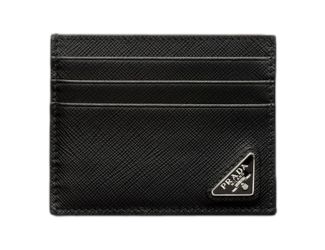 Prada Saffiano Mens Credit Card Wallet Black Nero Silver Triangle Enamel Logo