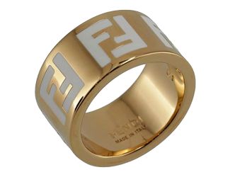 Fendi FF Forever Gold Tone Metal Ring White Enamel Logo Medium
