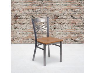 Clear Coated "X" Back Metal Restaurant Chair - Natural Wood Seat