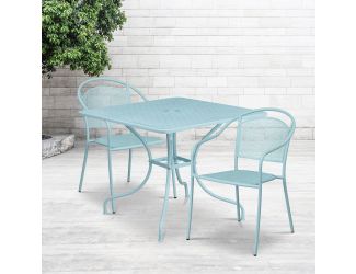35.5" SQ Sky Blue Indoor-Outdoor Steel Patio Table Set w/ 2 Round Back Chairs