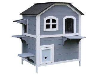 Outdoor Cat House with 2 Levels, Waterproof Roof, Escape Doors, and Ledge Seating