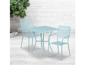 28" Square Sky Blue Indoor-Outdoor Steel Patio Table Set - 2 Square Back Chairs